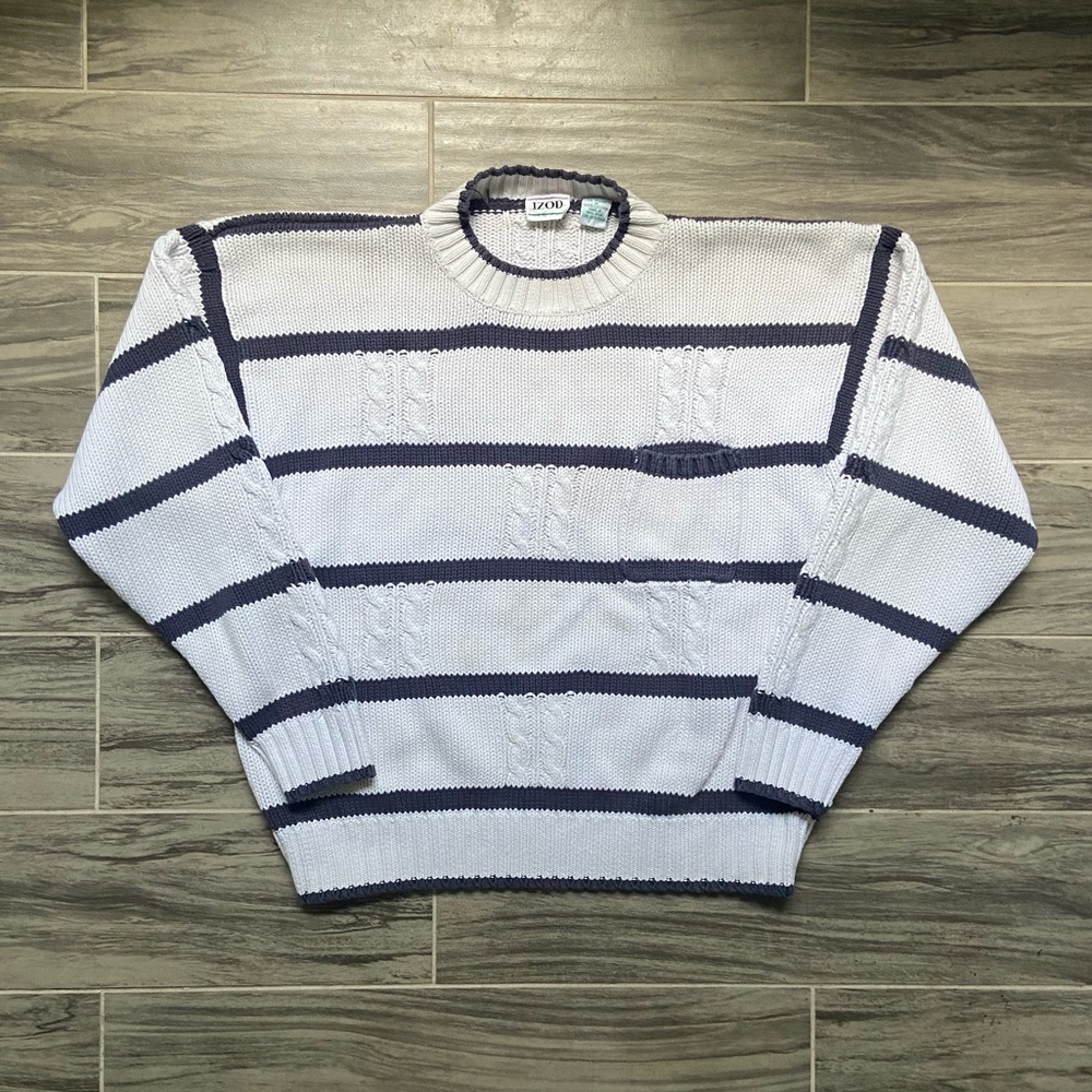 Izod Cable Knit Men's Striped Crewneck heavyweight Sweater - White and Navy